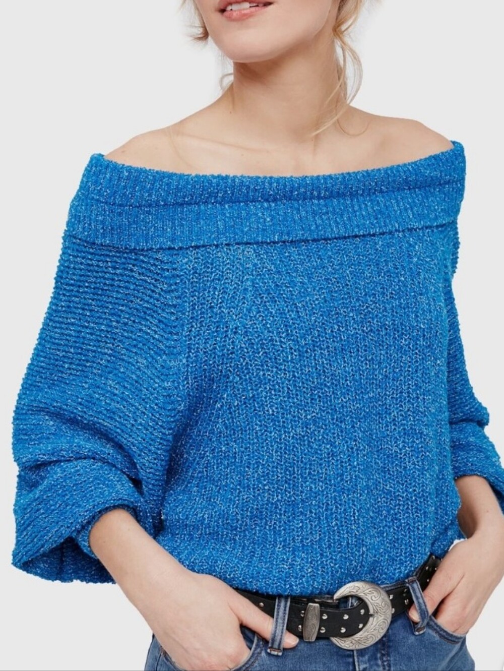 Free People Edessa Off-The-Shoulder Sweater Blue Cozy Knit Sweater Size Small